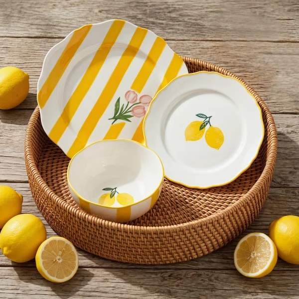 Wholesale Color Stripe Floral Ceramic Tableware Set, Fruit Dessert Salad Plates and Bowl for Daily Use & Gift