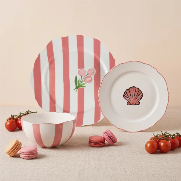 Wholesale Color Stripe Floral Ceramic Tableware Set, Fruit Dessert Salad Plates and Bowl for Daily Use & Gift