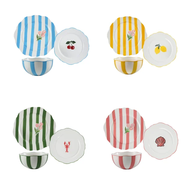 Wholesale Color Stripe Floral Ceramic Tableware Set, Fruit Dessert Salad Plates and Bowl for Daily Use & Gift