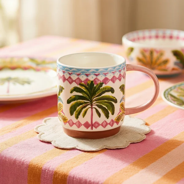 Tropical Palm Print Ceramic Tableware Set, Decorative Salad Plates Bowl Coffee Mug Set for Home