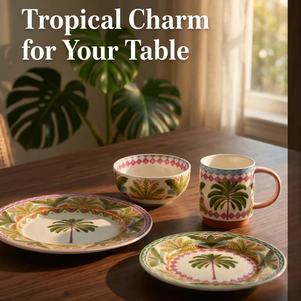 Tropical Palm Print Ceramic Tableware Set, Decorative Salad Plates Bowl Coffee Mug Set for Home