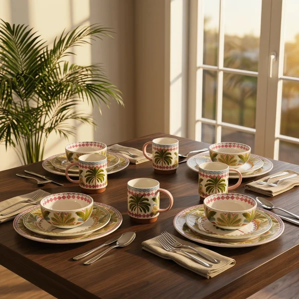 Tropical Palm Print Ceramic Tableware Set, Decorative Salad Plates Bowl Coffee Mug Set for Home