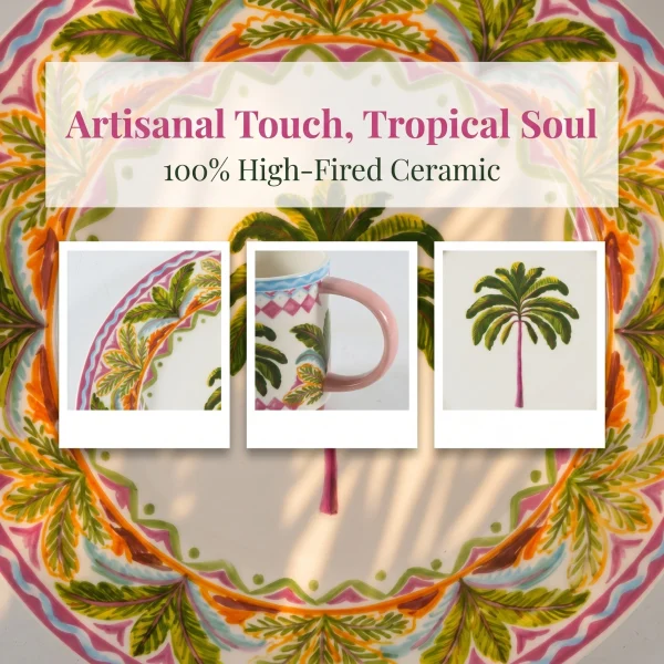 Tropical Palm Print Ceramic Tableware Set, Decorative Salad Plates Bowl Coffee Mug Set for Home