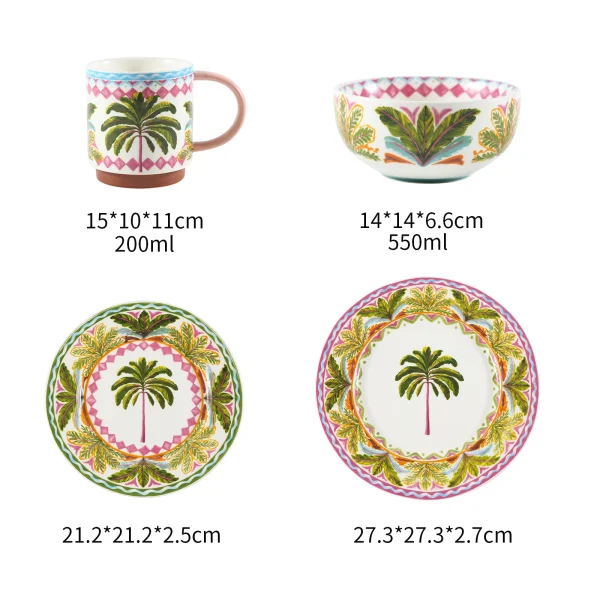 Tropical Palm Print Ceramic Tableware Set, Decorative Salad Plates Bowl Coffee Mug Set for Home