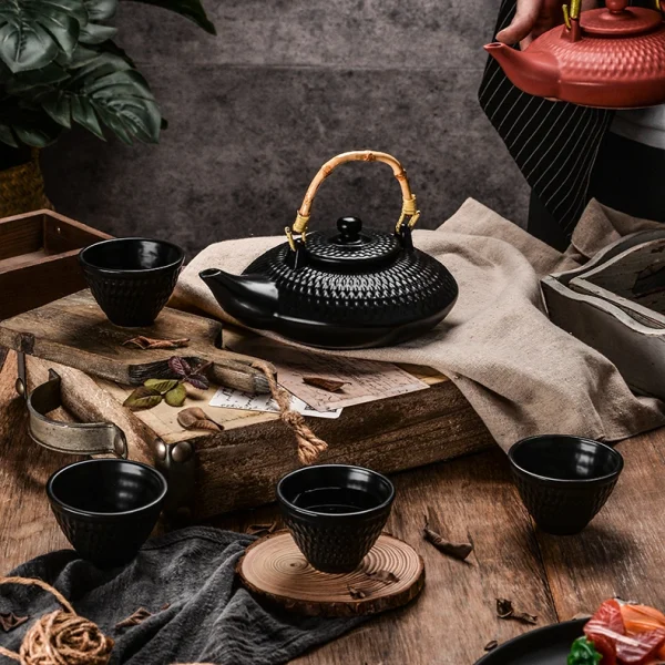 Wholesale Handmade Matte Stoneware Tea Set with Bamboo Lift Handle, Complete 5-Piece Chinese Gongfu Tea Serving Set