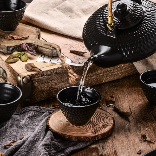 Wholesale Handmade Matte Stoneware Tea Set with Bamboo Lift Handle, Complete 5-Piece Chinese Gongfu Tea Serving Set