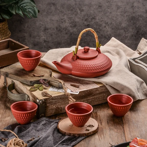 Wholesale Handmade Matte Stoneware Tea Set with Bamboo Lift Handle, Complete 5-Piece Chinese Gongfu Tea Serving Set