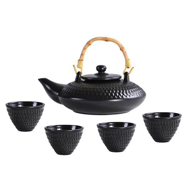 Wholesale Handmade Matte Stoneware Tea Set with Bamboo Lift Handle, Complete 5-Piece Chinese Gongfu Tea Serving Set