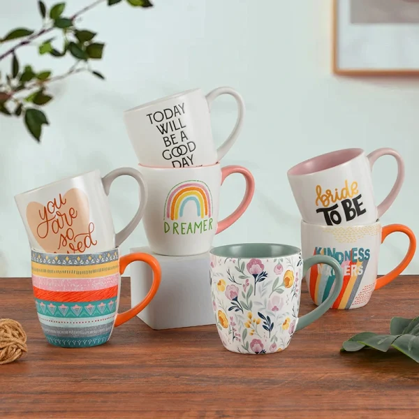 Wholesale Printed Ceramic Mugs, Variety of Positive Words, Floral, and Rainbow
