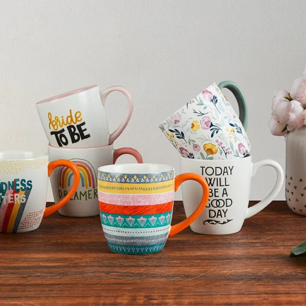 Wholesale Printed Ceramic Mugs, Variety of Positive Words, Floral, and Rainbow