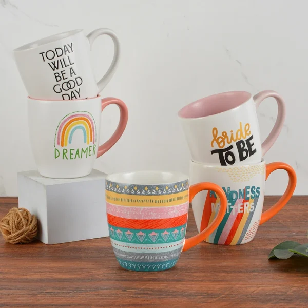 Wholesale Printed Ceramic Mugs, Variety of Positive Words, Floral, and Rainbow