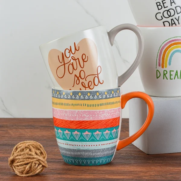 Wholesale Printed Ceramic Mugs, Variety of Positive Words, Floral, and Rainbow