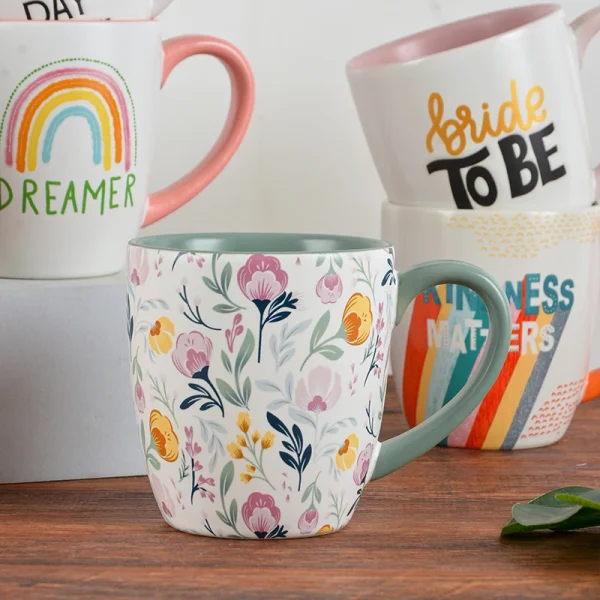 Wholesale Printed Ceramic Mugs, Variety of Positive Words, Floral, and Rainbow