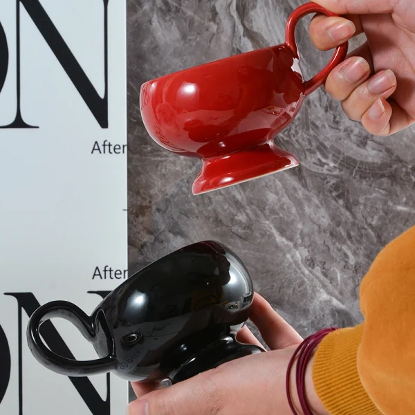 Wholesale Retro Glossy Ceramic Tea Set, Pedestal Ceramic Cup & Saucer, Red-Black Contrast Color
