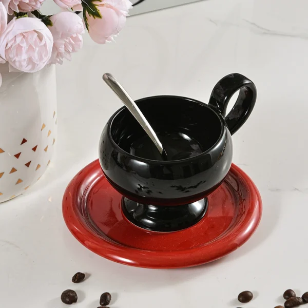 Wholesale Retro Glossy Ceramic Tea Set, Pedestal Ceramic Cup & Saucer, Red-Black Contrast Color