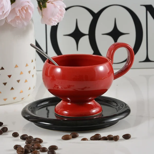 Wholesale Retro Glossy Ceramic Tea Set, Pedestal Ceramic Cup & Saucer, Red-Black Contrast Color