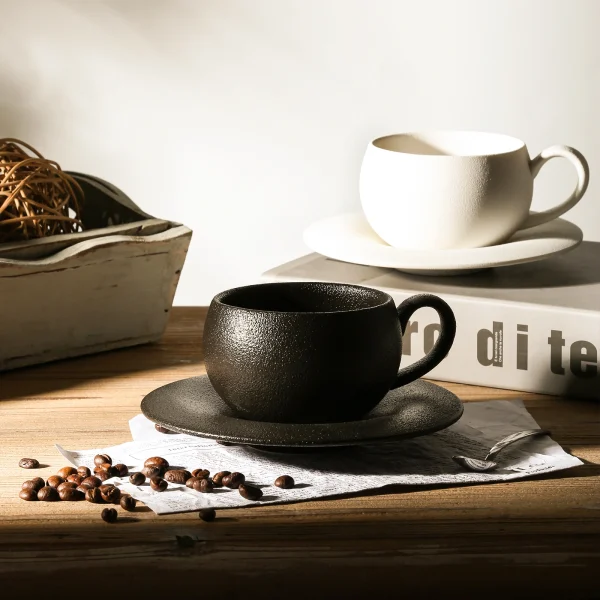 Wholesale Black Textured Coffee Sets, Coffee Cup & Saucer Set Round Bulky Latte Cappuccino Mug For Home Office Afternoon Tea