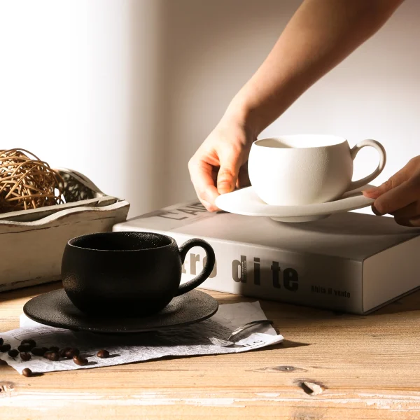 Wholesale Black Textured Coffee Sets, Coffee Cup & Saucer Set Round Bulky Latte Cappuccino Mug For Home Office Afternoon Tea