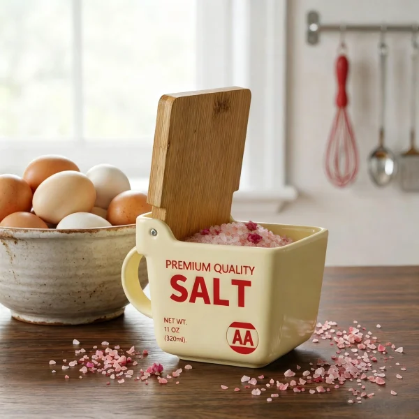 Farmhouse Style Ceramic Salt Canister, Ceramic Salt Container with Wooden Lid for Kitchen Decor & Housewarming Gift