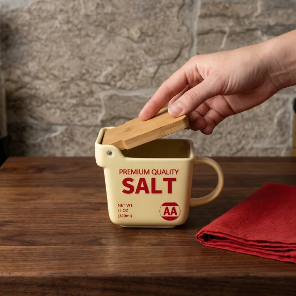 Farmhouse Style Ceramic Salt Canister, Ceramic Salt Container with Wooden Lid for Kitchen Decor & Housewarming Gift