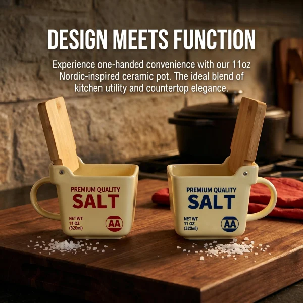 Farmhouse Style Ceramic Salt Canister, Ceramic Salt Container with Wooden Lid for Kitchen Decor & Housewarming Gift