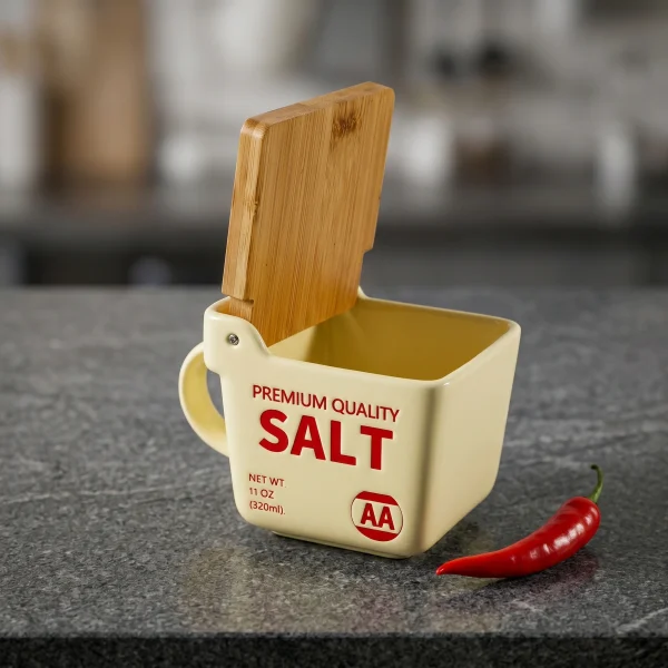 Farmhouse Style Ceramic Salt Canister, Ceramic Salt Container with Wooden Lid for Kitchen Decor & Housewarming Gift