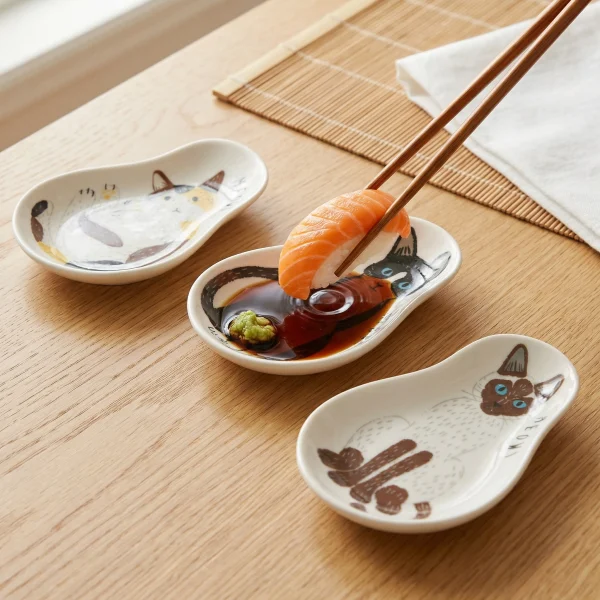 Wholesale Cute Ceramic Sauce Dish With Cat Pattern, Novelty Gourd-Shaped Small Plate for Snacks & Condiments