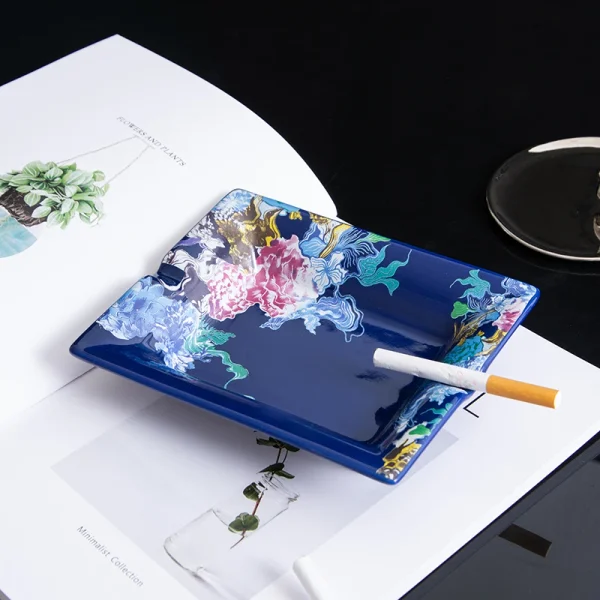 Wholesale Square Blue Ceramic Ashtray, Vibrant Floral Phoenix Pattern Cigarette Holder, Desktop Decorative Ashtray for Home Bar