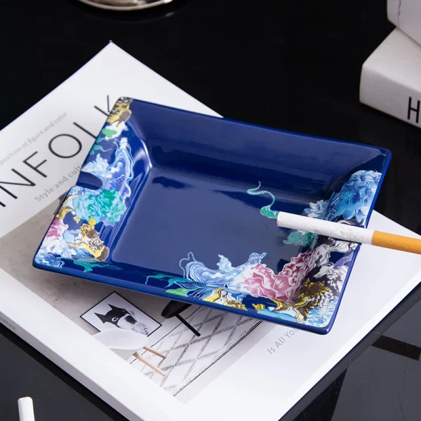 Wholesale Square Blue Ceramic Ashtray, Vibrant Floral Phoenix Pattern Cigarette Holder, Desktop Decorative Ashtray for Home Bar
