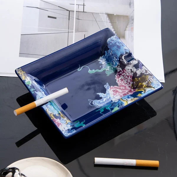 Wholesale Square Blue Ceramic Ashtray, Vibrant Floral Phoenix Pattern Cigarette Holder, Desktop Decorative Ashtray for Home Bar
