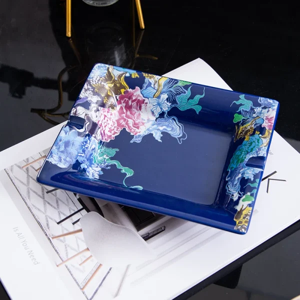Wholesale Square Blue Ceramic Ashtray, Vibrant Floral Phoenix Pattern Cigarette Holder, Desktop Decorative Ashtray for Home Bar