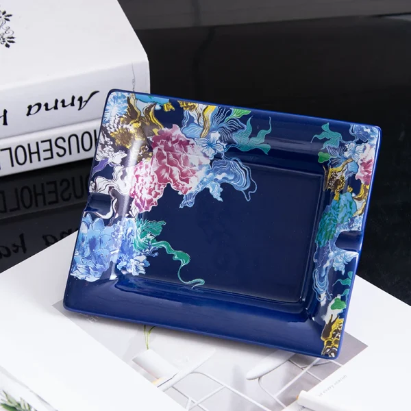 Wholesale Square Blue Ceramic Ashtray, Vibrant Floral Phoenix Pattern Cigarette Holder, Desktop Decorative Ashtray for Home Bar