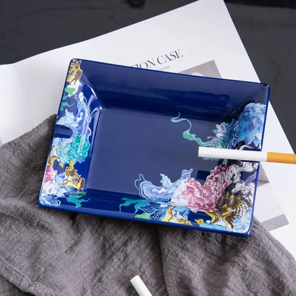 Wholesale Square Blue Ceramic Ashtray, Vibrant Floral Phoenix Pattern Cigarette Holder, Desktop Decorative Ashtray for Home Bar