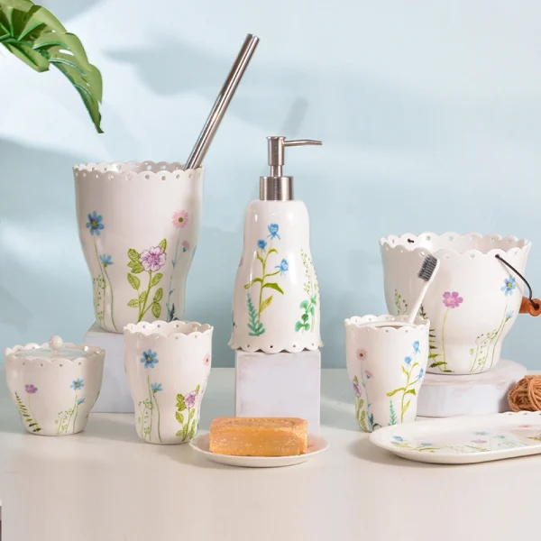 Wholesale 7-Piece Ceramic Wildflower Bathroom Accessories Set - Soap Dispenser, Toothbrush Holder, Tumbler, Soap Dish, Tray & Waste Bin
