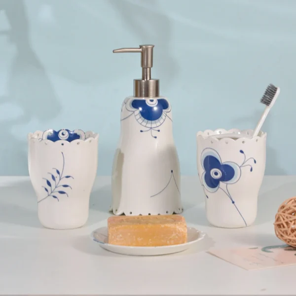 Wholesale 7-Piece Ceramic Wildflower Bathroom Accessories Set - Soap Dispenser, Toothbrush Holder, Tumbler, Soap Dish, Tray & Waste Bin