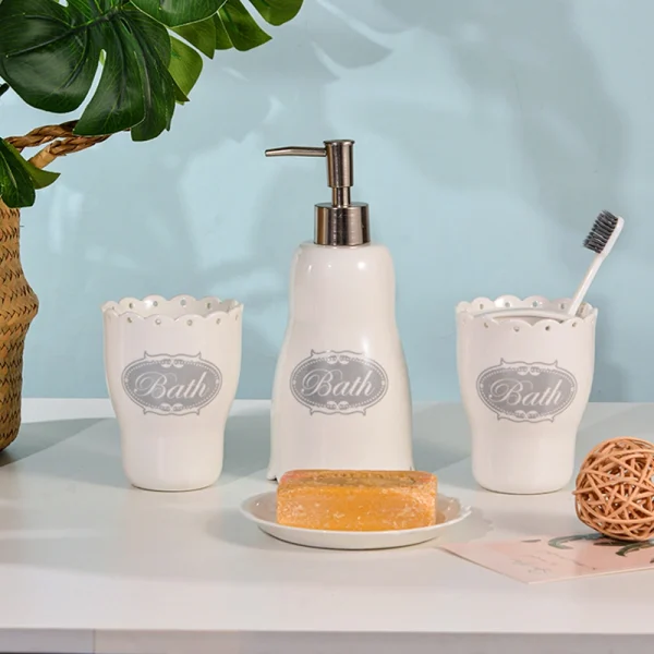 Wholesale 7-Piece Ceramic Wildflower Bathroom Accessories Set - Soap Dispenser, Toothbrush Holder, Tumbler, Soap Dish, Tray & Waste Bin