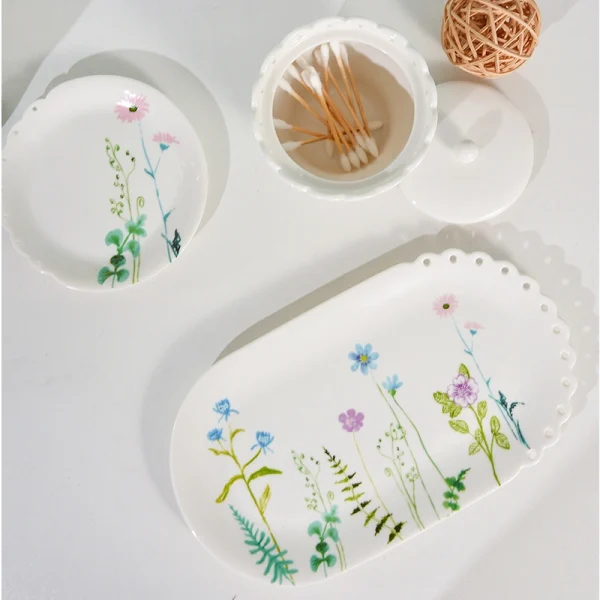 Wholesale 7-Piece Ceramic Wildflower Bathroom Accessories Set - Soap Dispenser, Toothbrush Holder, Tumbler, Soap Dish, Tray & Waste Bin