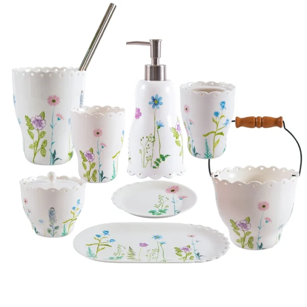 Wholesale 7-Piece Ceramic Wildflower Bathroom Accessories Set - Soap Dispenser, Toothbrush Holder, Tumbler, Soap Dish, Tray & Waste Bin