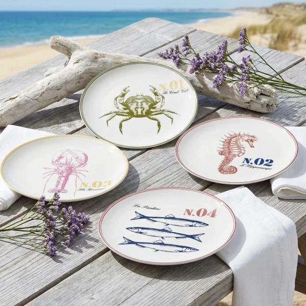 Wholesale 4-Piece Marine Creature Ceramic Plate Set - Crab, Seahorse, Lobster, and Fish