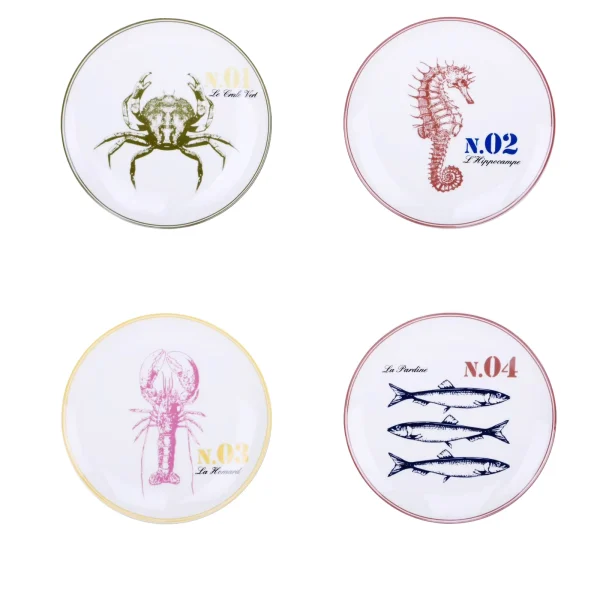 Wholesale 4-Piece Marine Creature Ceramic Plate Set - Crab, Seahorse, Lobster, and Fish