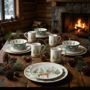 Wholesale Christmas Winter Forest Ceramic Dinnerware Set, Dinner Plate, Salad Plate, Coffee Mug & Bowl, Holiday Table Decor Gift